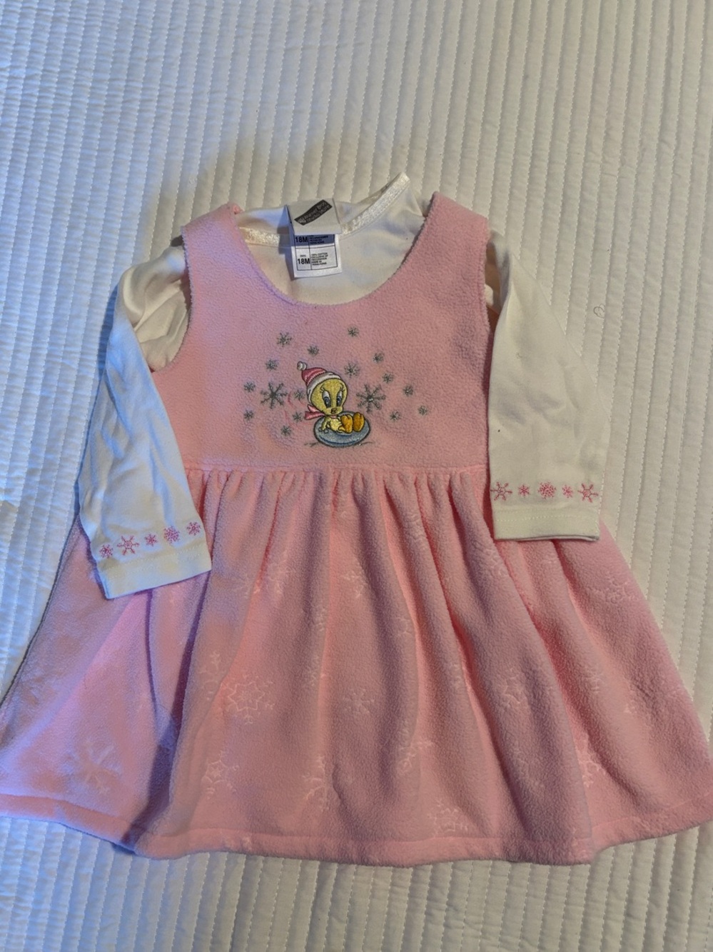 Pink Tweety Sz 18 mos Snowflake Dress with White Long-Sleeve Shirt